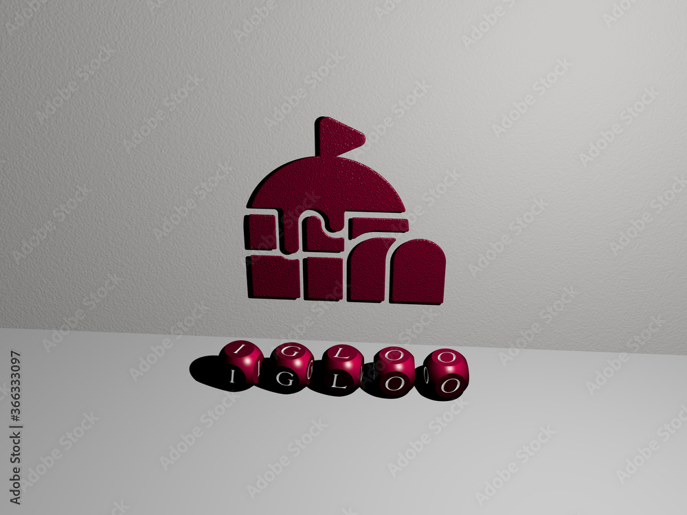 Poster 3d illustration of igloo graphics and text made by metallic dice letters for the related meanings of