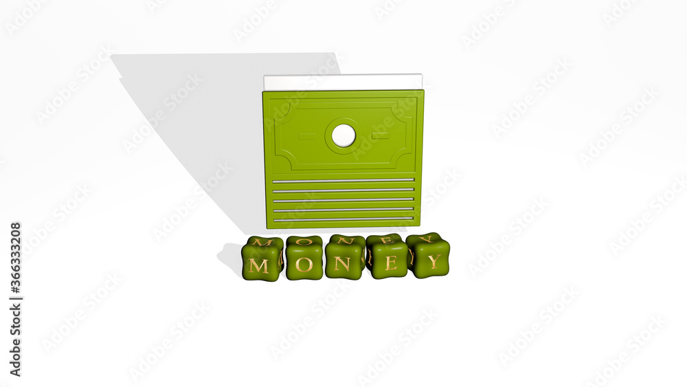 Poster 3d illustration of money graphics and text made by metallic dice letters for the related meanings of