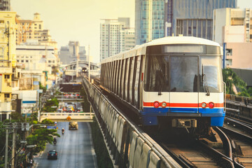 BTS Sky Train is running in downtown of Bangkok.  Sky train is fastest transport mode in Bangkok