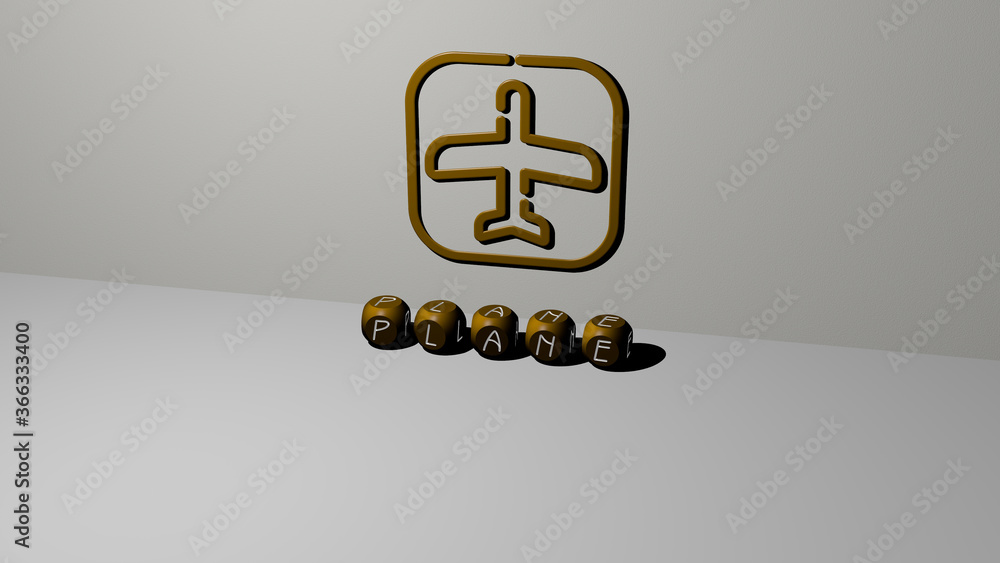 Poster 3d representation of plane with icon on the wall and text arranged by metallic cubic letters on a mi