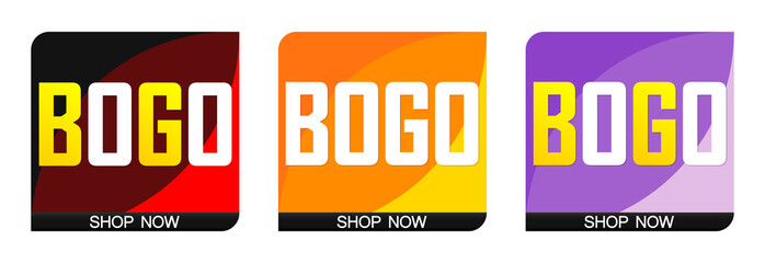 Set BOGO sale bubble banners design template, discount tags collection, buy 1 get 1 free, app icons, vector illustration