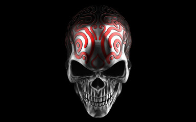 Dark metal skull with intricate red details on top of it