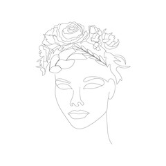 A woman's face with a wreath of flowers and braids.Outline drawing. Minimalistic art.Vector illustration.
