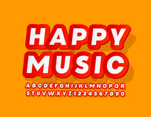 Obraz premium Vector bright poster Happy Music. Red and White creative Font. Sticker style Alphabet Letters and Numbers