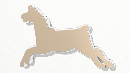 HORSE made by 3D illustration of a shiny metallic sculpture on a wall with light background. animal and beautiful