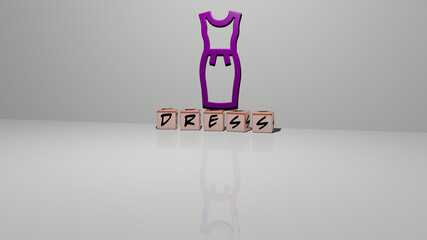 3D graphical image of DRESS vertically along with text built by metallic cubic letters from the top perspective, excellent for the concept presentation and slideshows. beautiful and girl