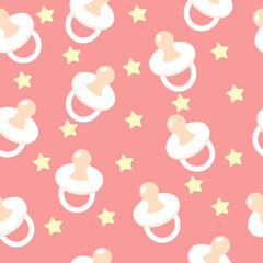 Seamless pattern in cartoon style for children's textiles, wallpaper, packaging, sites. Baby  white pacifier and stars on a pink background.