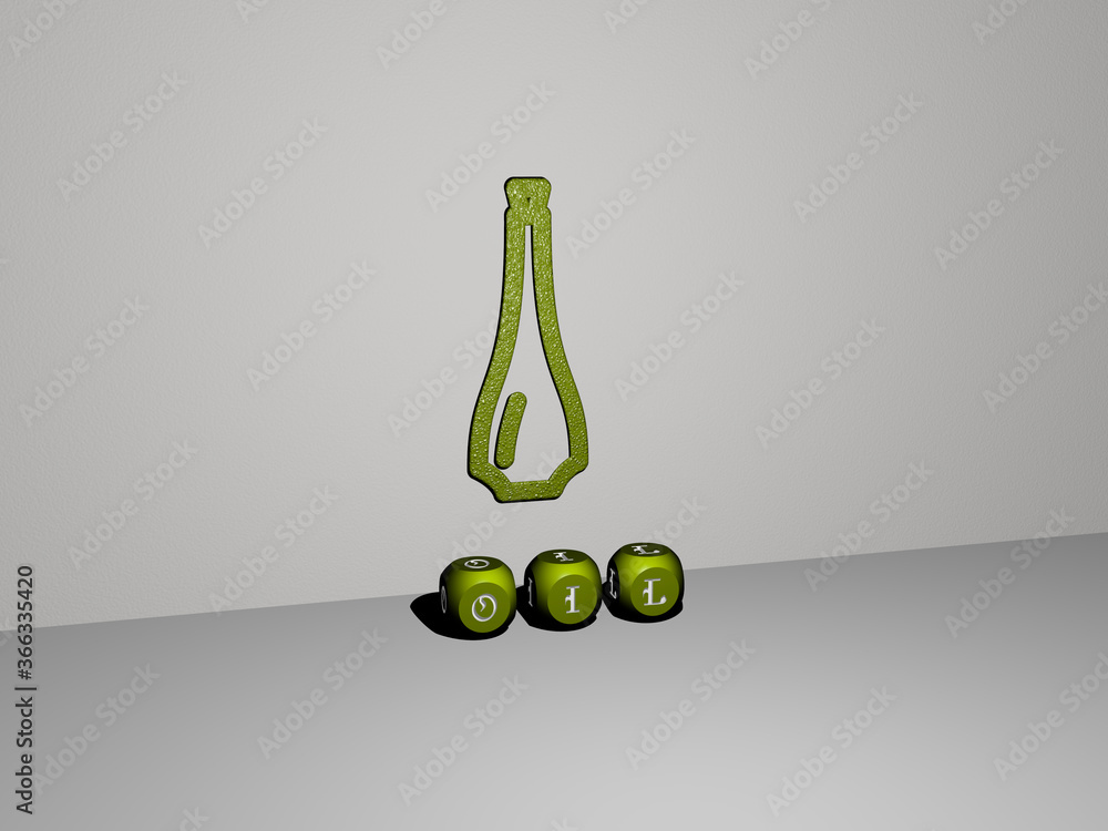 Poster 3d illustration of oil graphics and text made by metallic dice letters for the related meanings of t