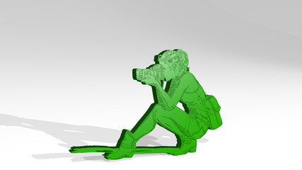 Fototapeta premium woman taking photos with DSLR camera on the wall. 3D illustration of metallic sculpture over a white background with mild texture. beautiful and young