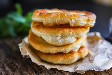 wrap flat bread tortillas from flour and water home cooking Takeaway handmade langos food background top view copy space