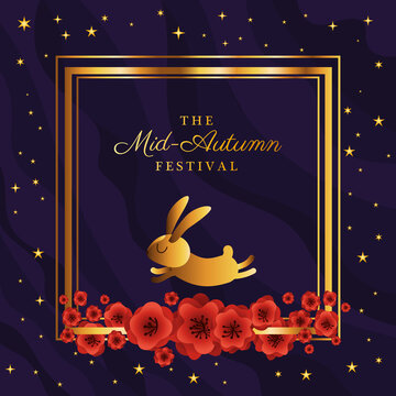 Mid Autumn Harvest Moon Festival With Red Flowers Frame And Rabbit Design, Oriental Chinese And Celebration Theme Vector Illustration