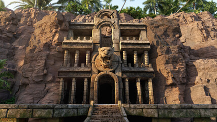 ancient ruin, temple of the jaguar in the cliff rocks, hidden in the tropical rainforest, 3D...