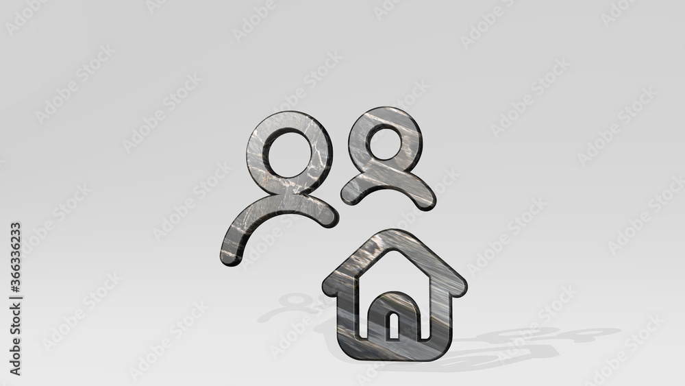 Poster multiple actions home casting shadow with two lights. 3d illustration of metallic sculpture over a w