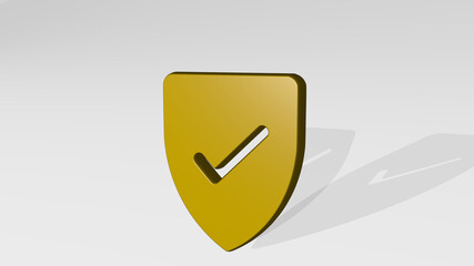 CHECK SHIELD made by 3D illustration of a shiny metallic sculpture with the shadow on light background. business and icon