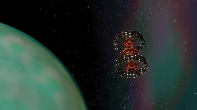 Scifi concept footage gravity generating space station spinning over strange planet looping seamless for video background
