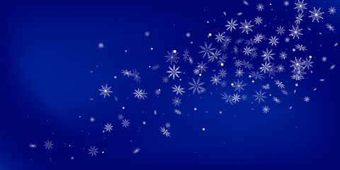 Snowflakes. Christmas snow, snowfall. Falling snowflakes on a blue background. White snowflakes fly in the air. Vector illustration