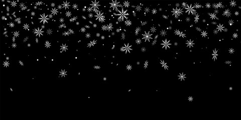 Snowflakes. Christmas snow, snowfall. Falling snowflakes on a blue background. White snowflakes fly in the air. Vector illustration