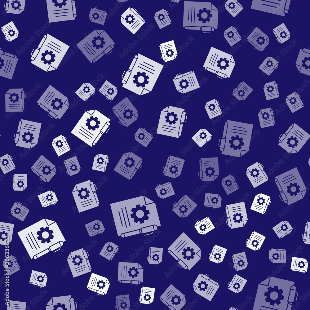 Poster white document settings with gears icon isolated seamless pattern on blue background. software updat