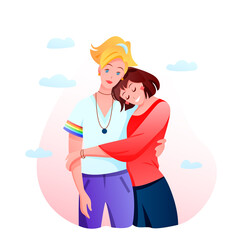 Lesbian couple LGBT vector illustration. Cartoon flat happy homosexual romantic woman partner characters dating, hugging on date. Love, lesbian relationship and homosexuality concept isolated on white