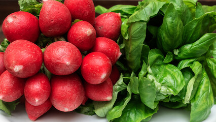 Heap of small red radish with green leaves at the market. Space for text. Design concept.