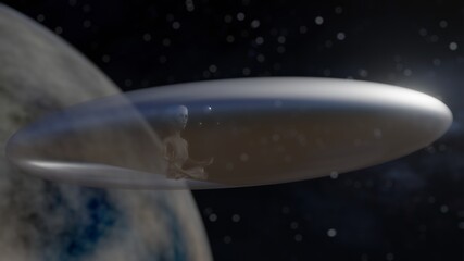 Obraz premium 3d illustration of alien in transparent spacecraft orbiting a planet in space