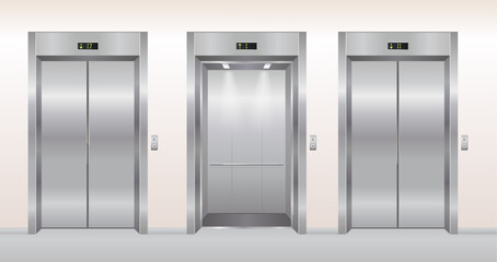 Elevator doors vector illustration. Cartoon flat empty realistic modern office or hotel hallway interior with chrome metal grey lift, open closed elevator doors background © Natalia