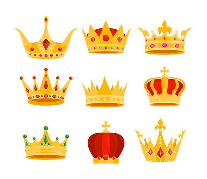 Golden crown vector illustration set. Cartoon flat gold royal medieval collection of monarchy symbols, crown on head for king, emperor or queen isolated on white