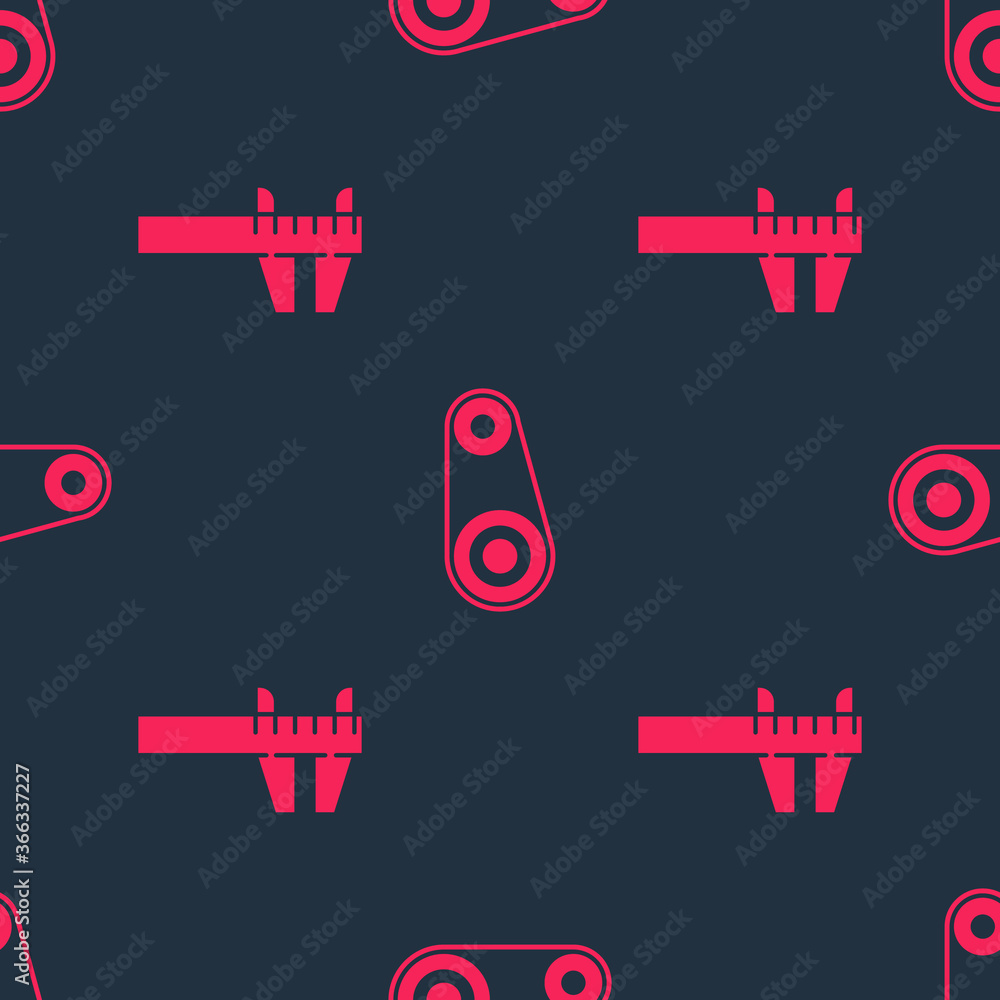 Poster set calliper or caliper and scale and timing belt kit on seamless pattern. vector.