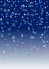 Snowflakes. Christmas snow, snowfall. Falling snowflakes on a blue background. White snowflakes fly in the air. Vector illustration