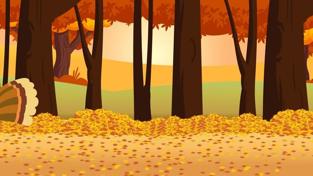 Thanksgiving Turkey Bird Cartoon Character Running In The Forest. 4K Animation Video Motion Graphics With Background