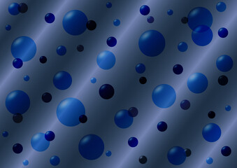 Abstract blue balloons of different sizes and shades on a gray-blue wavy background. Vector. 3D.
