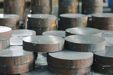 Round iron discs sawn on the saw are in the factory. Blanks for processing on CNC machines. - obrazy, fototapety, plakaty