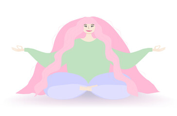 girl with long pink hair sitting in lotus position on a white background