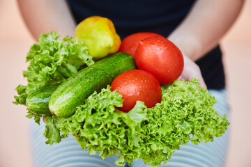 Fresh organic vegetables, tomatoes, lettuce, cucumbers, peppers. Healthy food detox vegan diet. women's hands holding vegetables close up