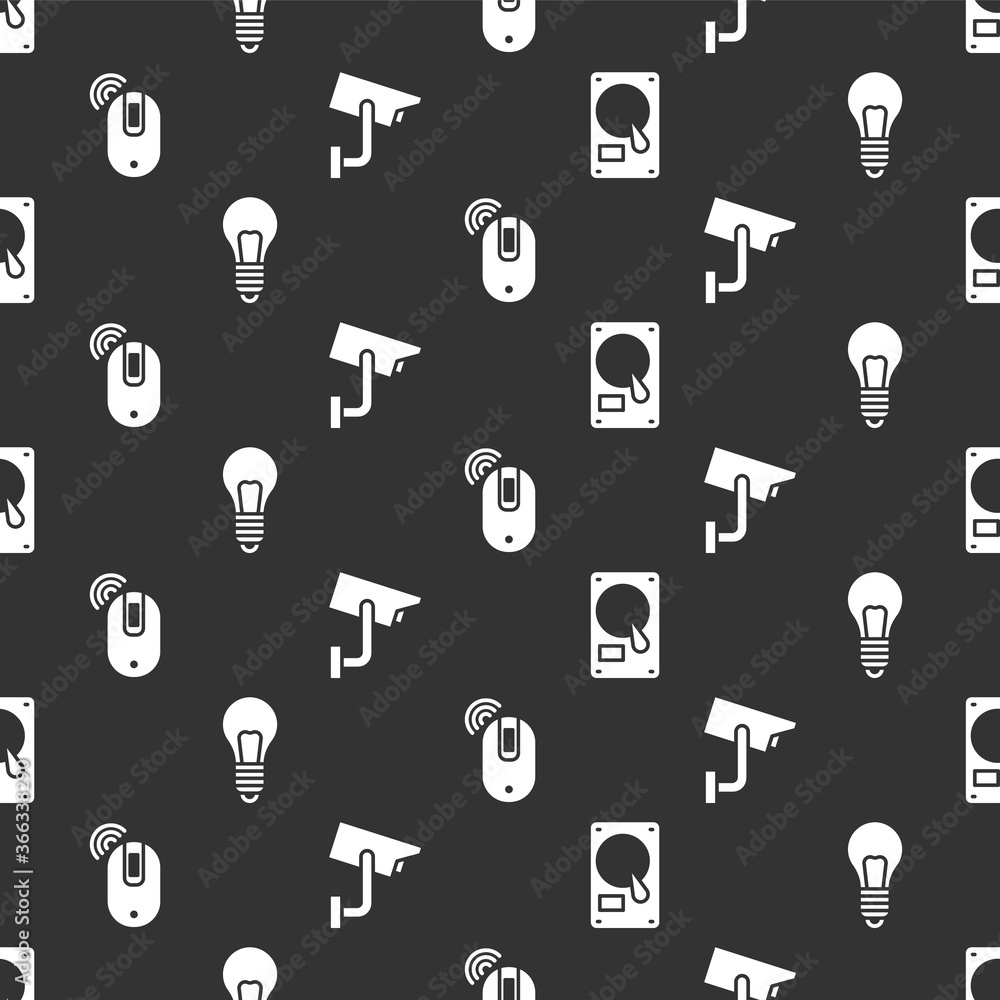 Poster set hard disk drive hdd, light bulb with concept of idea, wireless computer mouse and security camer