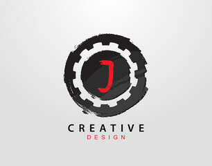 J Letter Logo With Gear and Circle Grunge Element. Retro Gear logo design template.