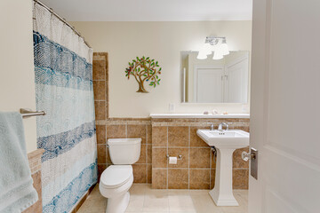 Traditional bathroom luxury tile brown pedestal sink blue white shower curtain