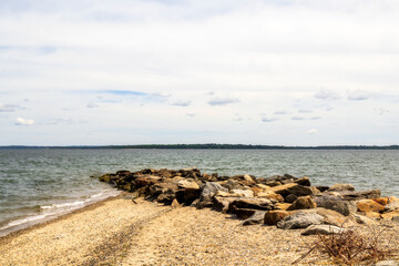 View of the harbor, beach and rocky headland in East Greenwich, Rhode Island