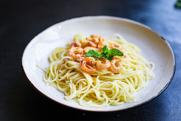 pasta shrimp spaghetti creamy seafood sauce main dish food background top view copy space for text organic healthy eating