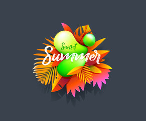 Summer sticker, tropical banner template. Liquid abstract bubble with tropic flowers, floral and geometric elements. Vector Suitable for social media posts, mobile apps, t-shirt 
