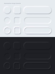 Editable white and black neomorphic buttons set. Sliders for websites, mobile menu, navigation and apps. Simple elegant Neomorphism trendy 2020 designs element UI vector isolated components.