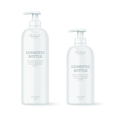 Realistic cosmetic bottles for soap or cream on white background. Cosmetic containers and tubes for cream, shampoo, gel, balsam, conditioner, soap, etc. 3d Vector Illustration