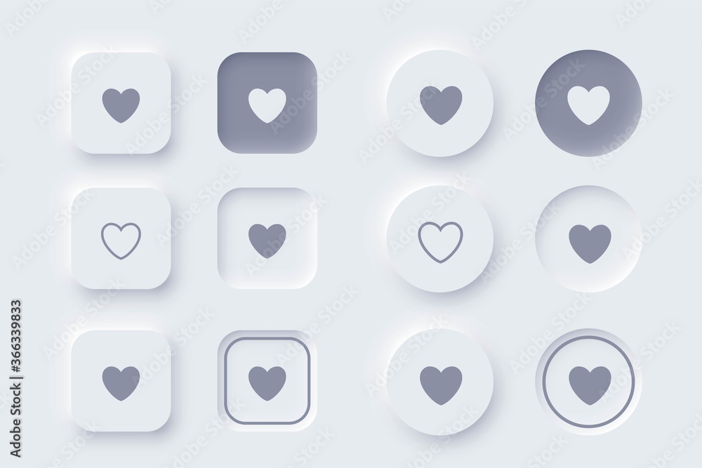 Fototapete buttons hearts square or round shapes neomorphism ui design
