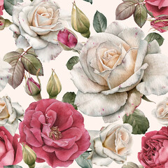Floral seamless pattern with watercolor white and pink roses - 366340048