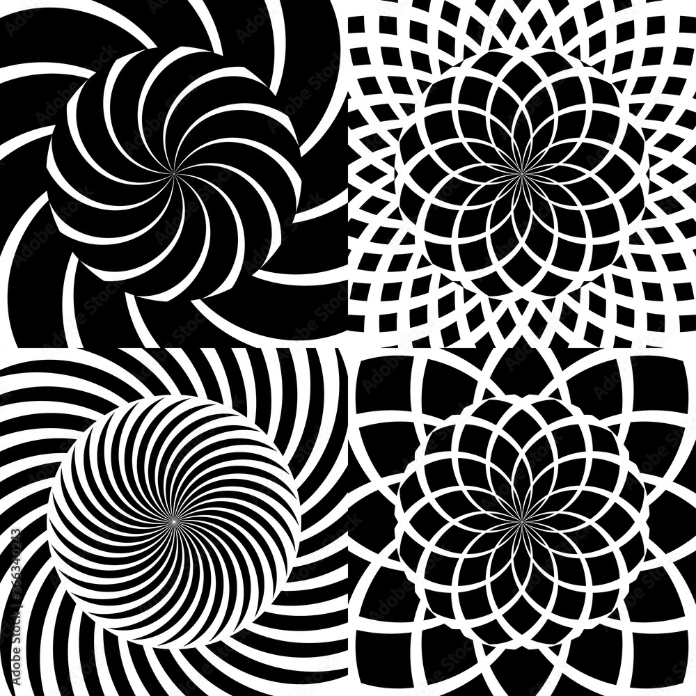 Poster set of vector psychedelic spiral patterns.