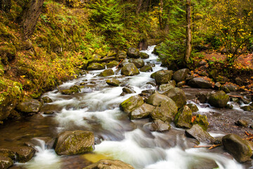 Fototapeta premium Multnomah creek rushing through a rocky streambed, a short distance upstream from Multnomah falls.
