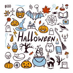 Vector doodle set with many elements. Halloween celebration.
