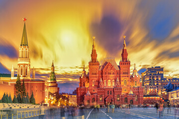 Fototapeta na wymiar Sunset view of the Red Square, Moscow Kremlin, Lenin mausoleum, historican Museum in Russia. World famous Moscow landmarks for tourism and travel.