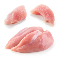 Chicken breast piece isolated. Raw diced chicken breast on white. Poultry raw. Set of chicken meat pieces.