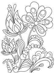 flowers graphics contour illustration coloring book vector isolate on white background plants fantasy nature ornament anti-stress for children and adults